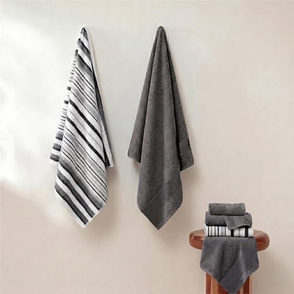 Modern Threads Pax 6-Piece Reversible Yarn Dyed Jacquard Towel Set - Bath Towels, Hand Towels, & Washcloths - Super Absorbent & Quick Dry - 100% Combed Cotton, Coal - color: Grey, style: Wide Stripe