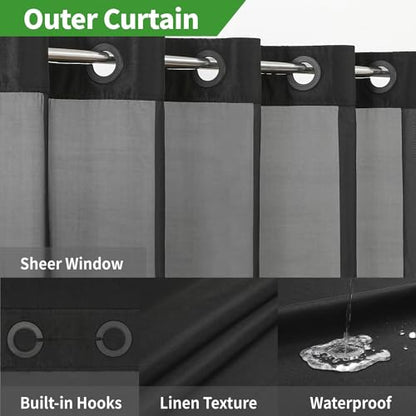 eachope No Hooks Needed Linen Textured Shower Curtain with Snap-in Fabric Liner Set,Black Hotel Luxury Decor Shower Curtains for Bathroom with Mesh Top Window,Waterproof & Washable,71Wx74H | 230GSM Thick Fabric,Hotel Luxury Decor,Mesh Top Window,Waterproo