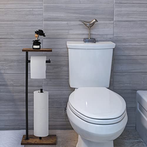 Toilet Paper Holder Stand Bathroom Toilet Paper Roll Holder with Shelf, Free Standing Toilet Paper Holders Floor Stand Freestanding Tissue Dispenser for Reserve Wipe Mega Rolls, Phone - color: Rustic Brown