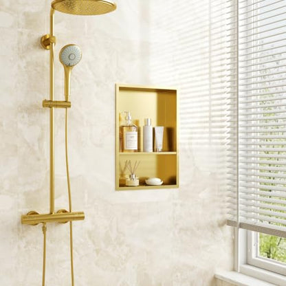 Qeke 12" x 18" Stainless Steel Shower Niche w/Double Shelves, Brushed Golden - color: Brushed Golden, size: 12X18"
