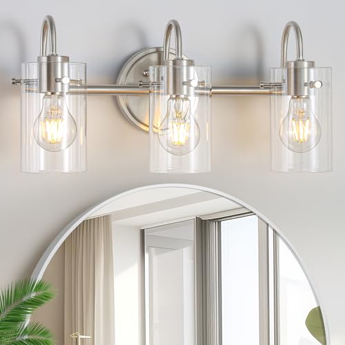 3 Lights Vanity Light Fixture, Brushed Nickel Bathroom Wall Sconce | Modern Wall Light with Clear Glass Shade Farmhouse Wall Mount Porch Wall Lamp for Mirror, Kitchen, Living Room, Workshop - color: Brushed Nickel