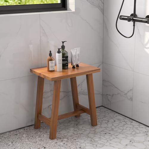Giantex Teak Shower Bench, Waterproof Shower Stool for Shaving Legs & Spa Bath, Smooth Seat, Anti-Slip Foot Pads, Compact Wooden Shower Chair for Inside Shower, Bathroom, Living Room, Bedroom, Natural