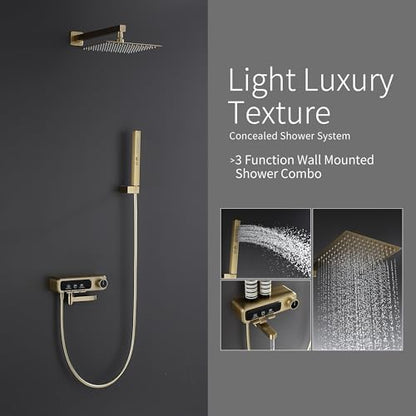 10" Square Rainfall Bathtub and Shower Trim Systems with Rotating Handheld Sprayer, Foldable Tub Spout, Wall-Mounted, Solid Brass Valve with Shampoo Platform- Brushed Gold (Square, Brushed Gold) - style: Square