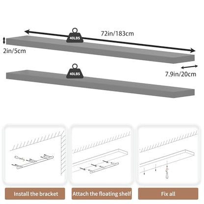 72 inch Long Floating Shelves for Wall,Solid Wood Long Shelves Set of 2,Grey Rustic Wall Mounted Shelves Large Bookshelf (Grey, 72 Inch) - color: Grey, size: 72 Inch set of 2