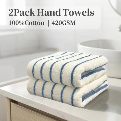 VOOVA & MOVAS Blue Striped Hand Towels 2 Pack, 100% Cotton, 13x28 in | Suitable for Bathroom & Kitchen Daily Use, Hanging Loop, 420GSM Medium Weight, Ultra Absorbent, Soft & Durable - color: Blue Stripe
