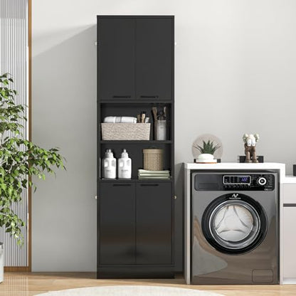 NAFORT Bathroom Storage Cabinet, 75" Freestanding Tall Cupboard with Shelves, Anti-toppling Devices & Non-Slip Foot Pads, Modern Slim Cabinet for Livingroom, Dining Room & Bath Room - color: Black