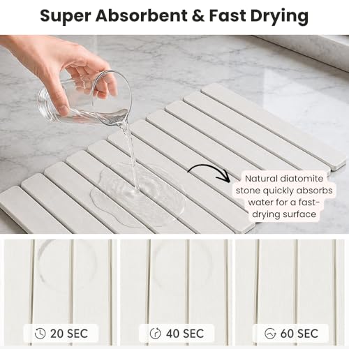 Stone Dish Drying Mat for Kitchen Counter, Large Quick Dry Diatomaceous Earth Stone Drying Mat, Foldable Water Absorbent Dish Drying Mat for Dishes, Cups, Bottles, Kitchen Sink & Countertop (White) - color: White