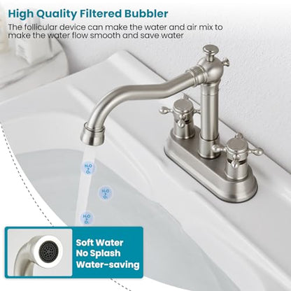 gotonovo 4 Inch Centerset Bathroom Faucet 2 Cross Handles Deck Mount 2 Hole Lavatory Vanity Utility Mixer Tap with Water Supply Hoses and Pop Up Drain RV Farmhouse, Brushed Nickel - color: Brushed Nickel