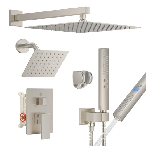 Rain Shower System 12" & 6" Dual Shower Heads, Wall Mount Shower Faucet Set | Ideal for bathroom remodels and upgrades with 12" rain shower, 6" angled shower, handheld spray and complete valve kit. - color: Brushed Nickel, size: Wall Mounted - 12"+6" Show