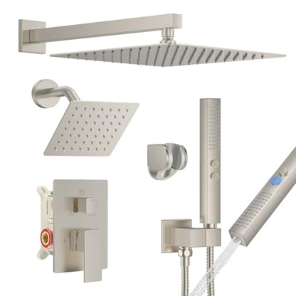 Rain Shower System 12" & 6" Dual Shower Heads, Wall Mount Shower Faucet Set | Ideal for bathroom remodels and upgrades with 12" rain shower, 6" angled shower, handheld spray and complete valve kit. - color: Brushed Nickel, size: Wall Mounted - 12"+6" Show