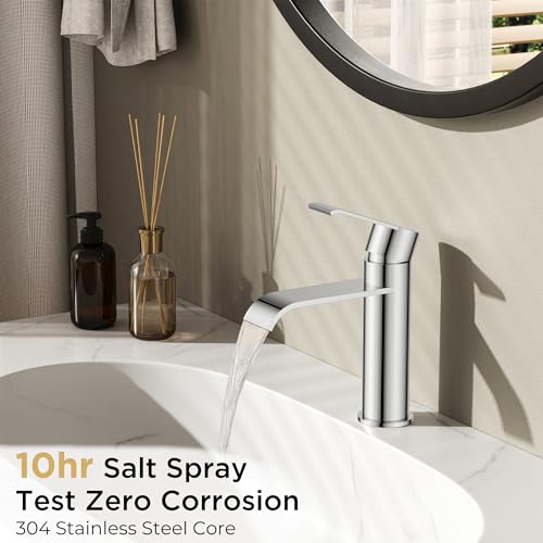 FORIOUS Waterfall Chrome Bathroom Faucet 1 Hole Rv Bathroom Sink Faucet Set | Single Handle Waterfall Bathroom Faucet Single Hole, Polished Chrome Faucet for Bathroom Sink One Hole with Plate and Drain - color: Chrome