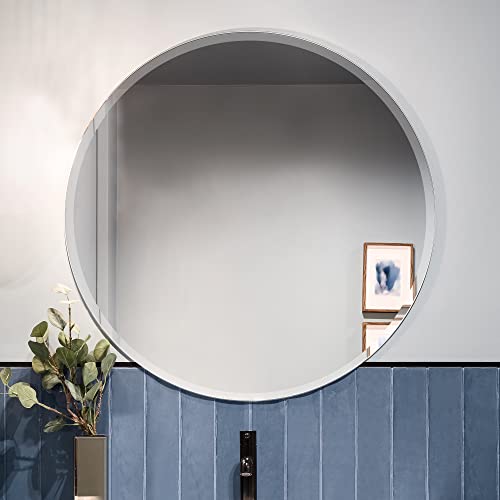 36 Inch Round Frameless Bathroom Vanity Mirror with Beveled Edge - Shatterproof Circle Wall Mounted Decorative Glass with Safety Backing for Living Room Bedroom Hallway Entryway - Fab Glass and Mirror - size: 36"L x 36"W, style: Round