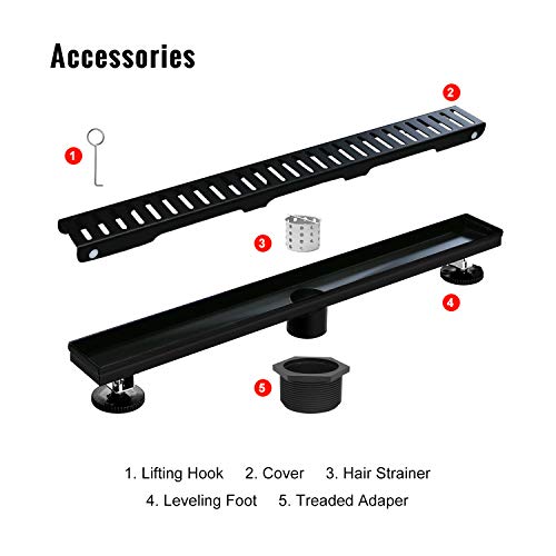 SaniteModar Linear Shower Drain 36 inch Matte Black - Capsule Pattern Grate | AISI 304 Stainless Steel Matte Black Linear Dain Rectangle Shower Floor Drain with Hair Strainer and Leveling Feet - size: 36 inch