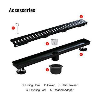 SaniteModar Linear Shower Drain 36 inch Matte Black - Capsule Pattern Grate | AISI 304 Stainless Steel Matte Black Linear Dain Rectangle Shower Floor Drain with Hair Strainer and Leveling Feet - size: 36 inch