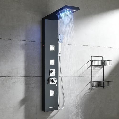 AlenArt Stainless Steel LED Shower Panel Tower System, Bathroom 5-Function Shower Panel Tower with LED Rainfall Waterfall Shower Head, Massage Jets, Tub Spout, Handheld Shower, Black-8126 - color: Black-8126