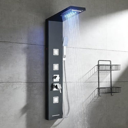 AlenArt Stainless Steel LED Shower Panel Tower System, Bathroom 5-Function Shower Panel Tower with LED Rainfall Waterfall Shower Head, Massage Jets, Tub Spout, Handheld Shower, Black-8126 - color: Black-8126