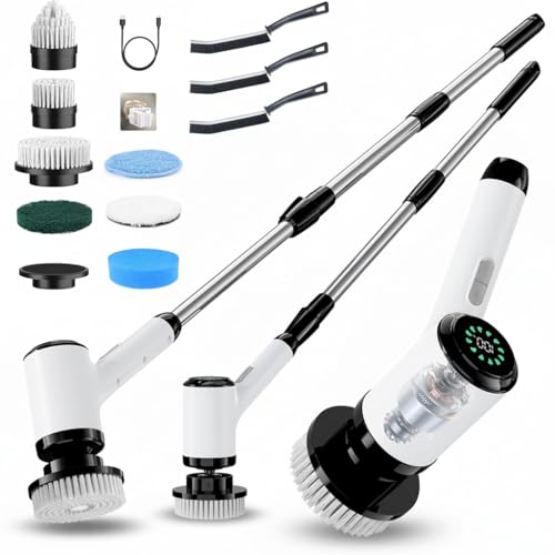 Electric Spin Scrubber, Cordless Power Cleaning Brush with 8 Replaceable Heads, 2 Adjustable Speeds, LED Display & Long Handle, Ideal for Bathroom Tub Tile Floor Car Cleaning