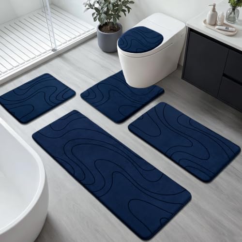 Bathroom Rugs Sets 5 Piece - Thick Memory Foam Bath Mat, Dark Blue | Ultra Soft, Extra Thick, Super Absorbent, Non Slip, Machine Washable, For Bathroom Floor & Tub, 5 Pieces - color: Dark Blue, size: 1'8" x 3'10" (5 Pieces)