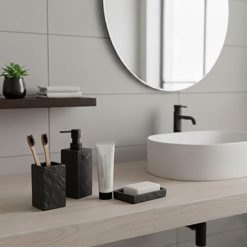 Collection Stone Effect Bath Accessory Set-4 Pieces, Resin, Black | Soap Dispenser, Tumbler, and Toilet Brush Holder, Contemporary, Durable Construction, Bathroom Accessories Set, Easy to Clean - size: Black