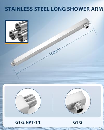 All Metal Rainfall Shower Head with Extension Arm Brushed Nickel, 12" Large Rain Square Showerhead with 16" Shower Arm All Stainless Steel, 144 Silicone Nozzles Waterfall Full Body Coverage - color: Brushed Nickel