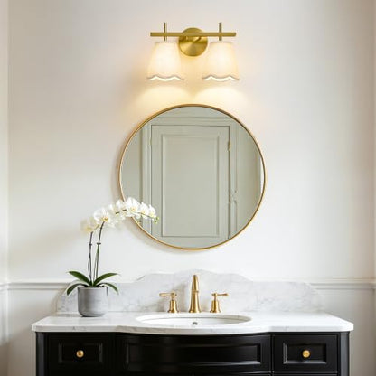 Modern Bathroom Vanity Light, 2-Light Brushed Gold Bathroom Light Fixtures with Scalloped Linen Fabric Shade, Vanity Lighting Fixtures Over Mirror (Exclude Bulb) - color: Gold, size: 2 Light