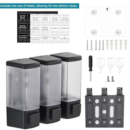 Shampoo and Conditioner Dispenser for Shower, 3 Chamber, Black | Wall Mounted, No Drill, 3×16.9oz, ABS Plastic Material, Refillable With Labels, For Bathroom Hotel - color: Dm35-black