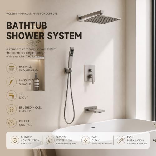 Shower System with Tub Spout, All Metal Bathtub Shower Faucet Set with High Pressure 10 Inch Rain Shower Head and Handheld Shower Head Set, Brushed Nickel (Valve Include) - color: Brushed Nickel