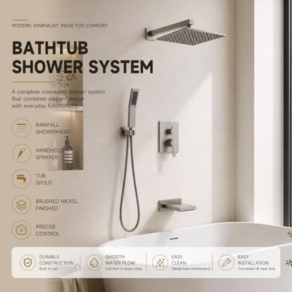 Shower System with Tub Spout, All Metal Bathtub Shower Faucet Set with High Pressure 10 Inch Rain Shower Head and Handheld Shower Head Set, Brushed Nickel (Valve Include) - color: Brushed Nickel