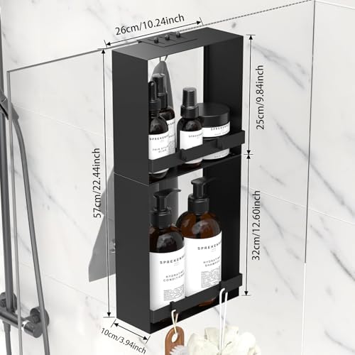 Over the Glass Shower Caddy Hanging, 2 Tier Stainless Steel Rustproof Shower Organizer Over Door with Removeable 4 Hooks & 2 Suction Cup, Bathroom Organizers and Storage Rack, Bathroom Decor - Black