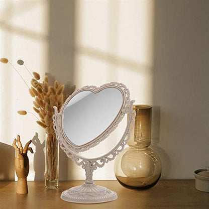 AKOAK Heart-Shaped Cosmetic Mirror - Plastic, Double-Sided, Rotatable, Lightweight Tabletop Makeup Mirror for Bathroom & Bedroom (Beige) | Plastic, Double-Sided, Rotatable, Lightweight Tabletop - color: Beige