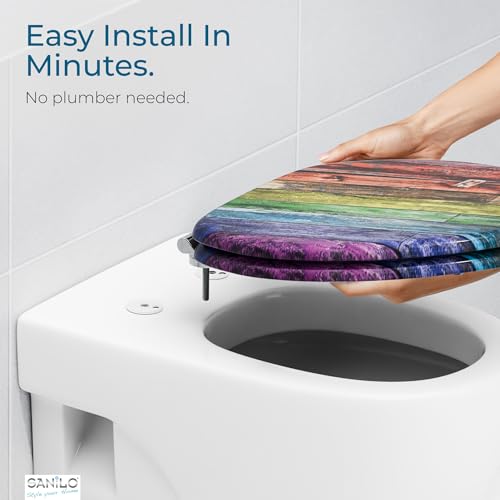 SANILO Wooden Toilet Seat with Soft Close [ELONGATED] - Decorative, Quiet & Slow Close Molded Wood Seat - With Strong Bumpers & Hinges - Adjustable Fit - Rainbow - color: Rainbow