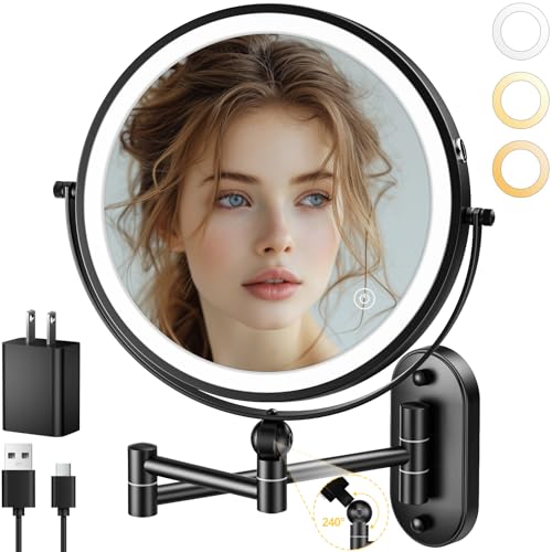9" Wall Mounted Lighted Makeup Mirror,4000mAh Rechargeable Double Sided 1X/10X Magnifying Mirror with Light,3 Color Lights,Touch Dimmable,Extended Arm 360 Rotation Wall Mounted Makeup Mirror - color: Black