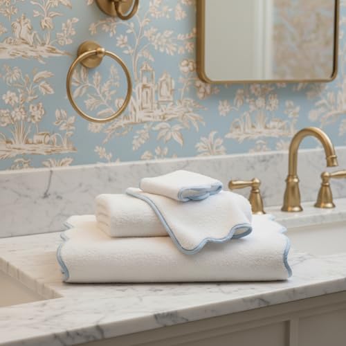 Lotus Linen Scallop Piping Towel Set of 6,100% Zero Twist Cotton, 2 Bath, 2 Hand Towels, 2 Washcloths, Hanging Loops, Soft Absorbent Bathroom Essentials (Dispenza Blue Piping, Towel Set (Pack of 6)) - color: Dispenza Blue Piping, size: Towel Set (Pack of