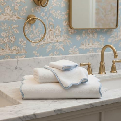 Lotus Linen Scallop Piping Towel Set of 6,100% Zero Twist Cotton, 2 Bath, 2 Hand Towels, 2 Washcloths, Hanging Loops, Soft Absorbent Bathroom Essentials (Dispenza Blue Piping, Towel Set (Pack of 6)) - color: Dispenza Blue Piping, size: Towel Set (Pack of