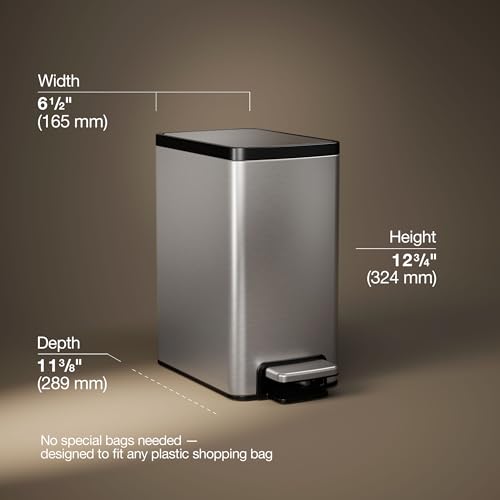 Kohler 1.6 Gallon Stainless Steel Bathroom Trash Can | 31319-ST, Small Waste Bin, Quiet-Close Lid, Hands-Free Foot Pedal - color: Stainless Steel, size: 1.6 Gallon - Step Can