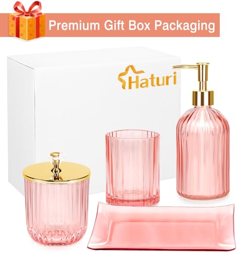 Haturi Bathroom Accessories Set, 4 Pcs Pink Glass Bathroom Accessories Sets Complete w/Lotion Soap Dispenser, Toothbrush Holder, Apothecary Jar, Vanity Tray, Bathroom Decor, Gift for Home Apartment | Kit w/ Bathroom Soap Dispenser Set, Toothbrush Holder,