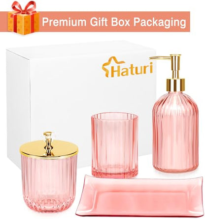 Haturi Bathroom Accessories Set, 4 Pcs Pink Glass Bathroom Accessories Sets Complete w/Lotion Soap Dispenser, Toothbrush Holder, Apothecary Jar, Vanity Tray, Bathroom Decor, Gift for Home Apartment | Kit w/ Bathroom Soap Dispenser Set, Toothbrush Holder,