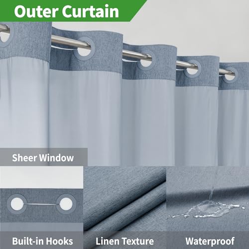 eachope No Hook Fabric Shower Curtain with Snap-in Liner,71x86 Blue Grey | Extra Long,Linen Texture,230GSM Thick Fabric,Mesh Window,Bottom Magnetic,Waterproof & Machine Washable,for Bathroom,Hotel Use - color: Blue Grey, size: 71"W x 86"L (Pack of 1)