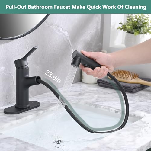 Bathroom Sink Faucet with Pull Out Sprayer, Single Handle Modern Bathroom Basin Faucet with Pop-up Sink Drain Stopper & Deck Plate 1 or 4-inch Centerset 3 Hole, Matte Black - color: Matte Black