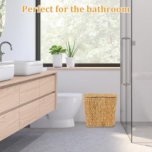Wicker Trash Can with Lid and Liner, Handwoven Wicker Waste Basket, Water Hyacinth Bathroom Trash Can, Boho Rattan Garbage Wastebasket for Bedroom Home Living Room Office Kitchen, 2.5 Gallon - color: Water Hyacinth