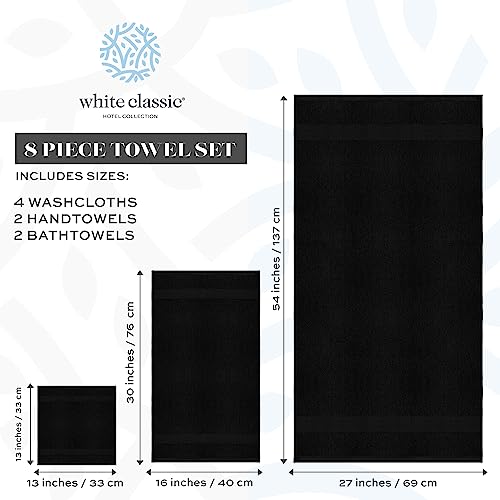 White Classic Luxury Bath Towel Set of 8 Pieces - 100% Turkish Cotton Highly Absorbent Towels for Bathroom, 2 Luxury Bath Towels 700GSM, 2 Hand Towels, 4 Washcloths, Black - color: 04: Black