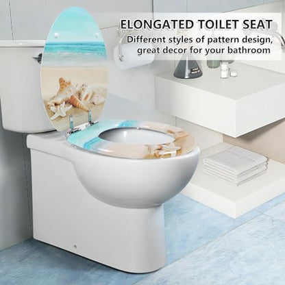 Angol Shiold Toilet Seat ELONGATED Molded Wood 18.5Inch(Beach) | Quiet Close Quick Release Metal Hinges, Adjustable Fit for Standard Elongated Toilets, Easy to Install&Clean - color: Beach, size: Elongated-18.5”