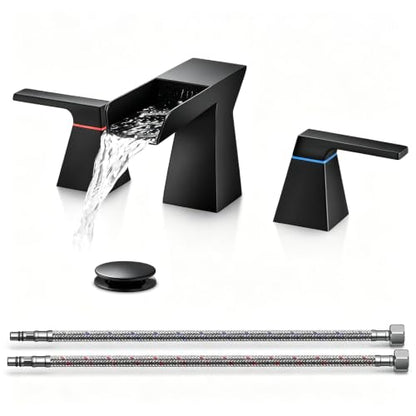 Matte Black Waterfall Bathroom Faucet for 3-Hole Sinks 8 Inch Widespread Vanity Faucet with Sculptural Trapezoid Body, Two Handles, Pop-Up Drain & Hoses - color: A - Matte Black