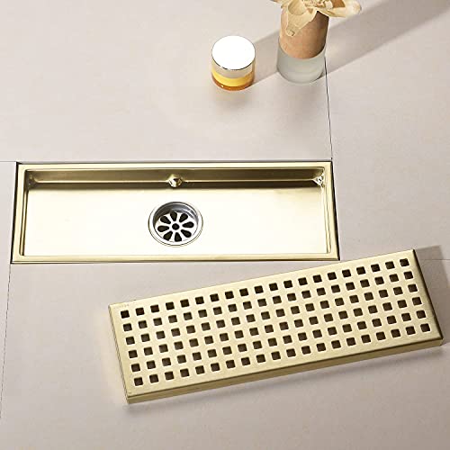 12 Inch Rectangular Shower Floor Drain, Can Be Detachably Inserted Into The Mesh Grille Cover, SUS304 Stainless Steel, Brushed Gold - color: Brushed Gold