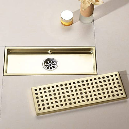 12 Inch Rectangular Shower Floor Drain, Can Be Detachably Inserted Into The Mesh Grille Cover, SUS304 Stainless Steel, Brushed Gold - color: Brushed Gold