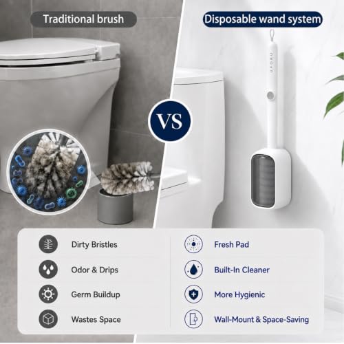 UFORU Disposable Toilet Brush and Holder Set, Toilet Wand Kit, 42 Refills | Preloaded Foaming Heads, Hands-Free Release, Flexible Under-Rim Reach, Auto-Open Caddy, Wall-Mount Storage, Bathroom & RV Use