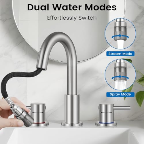 Pull-Down Bathroom Faucet 3 Hole 8 Inch with Pop-Up Drain,Brushed Nickel | 1 - color: Brushed Nickel