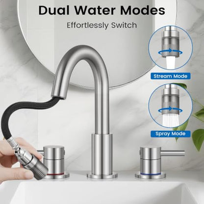 Pull-Down Bathroom Faucet 3 Hole 8 Inch with Pop-Up Drain,Brushed Nickel | 1 - color: Brushed Nickel