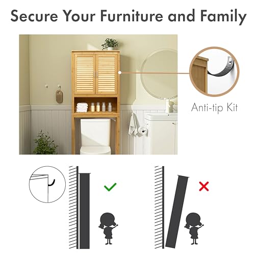 RoyalHouse Bamboo Over The Toilet Storage Cabinet with Bottom Shelf, Free Standing Storage Cabinet, Perfect Bathroom Space Saver with Double Door Organizer