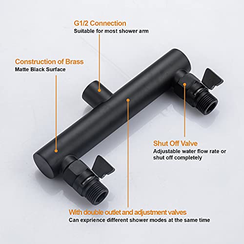 High Pressure Double Shower Head with Shut-Off Valve and Shower Arm Set Solid Brass Casting Dual Outlet Manifold Dual Shower Fixed Head 3 Function Shower Heads Sprayers, Matte Black - color: Matte Black